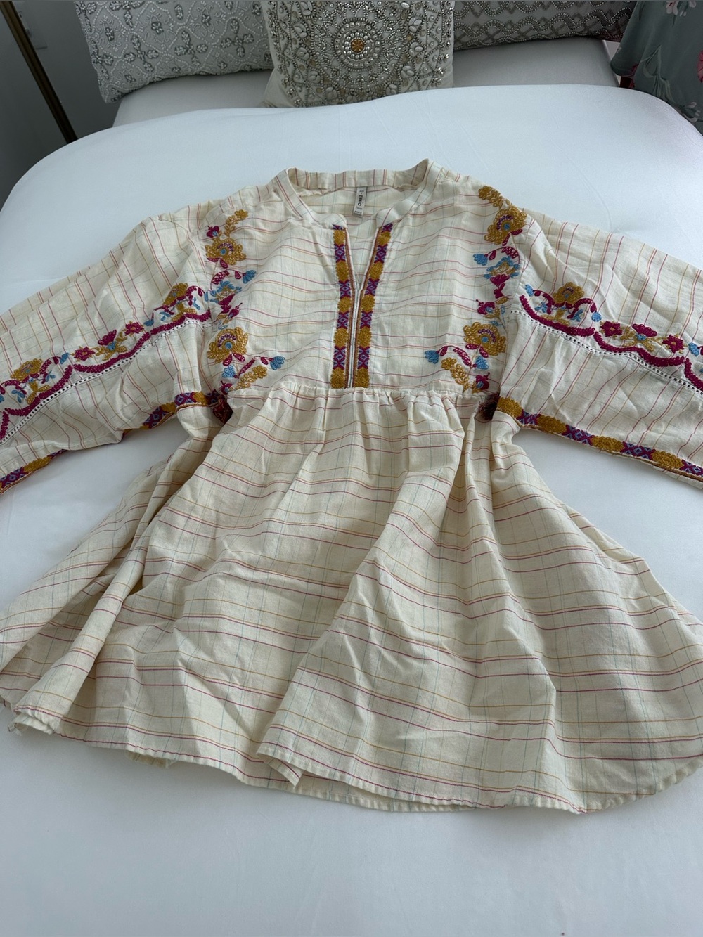 Womens Cream Embroidered Boho Peasant Top from Pakistan